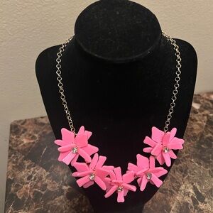 Bright Pink Floral statement Necklace with rhinestone accents